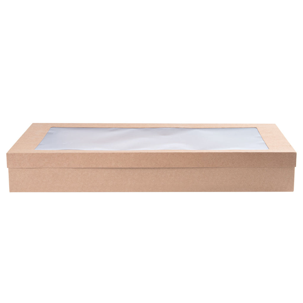 Cater Tek Rectangle Kraft Paper Catering Box - with Window Lid - 22 1/4" x 10" x 3 1/4" - 10 count box