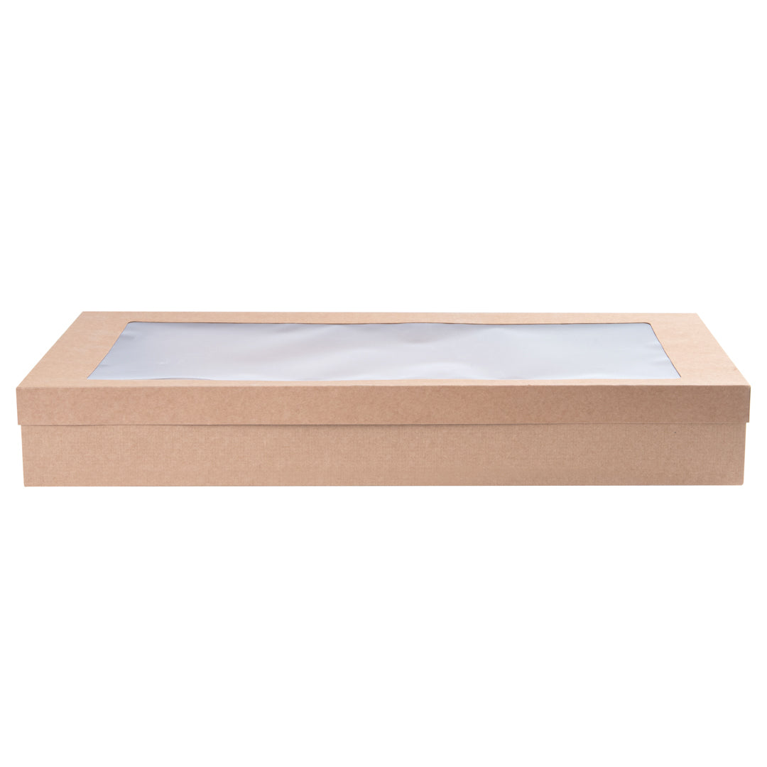 Cater Tek Rectangle Kraft Paper Catering Box - with Window Lid - 22 1/4" x 10" x 3 1/4" - 10 count box