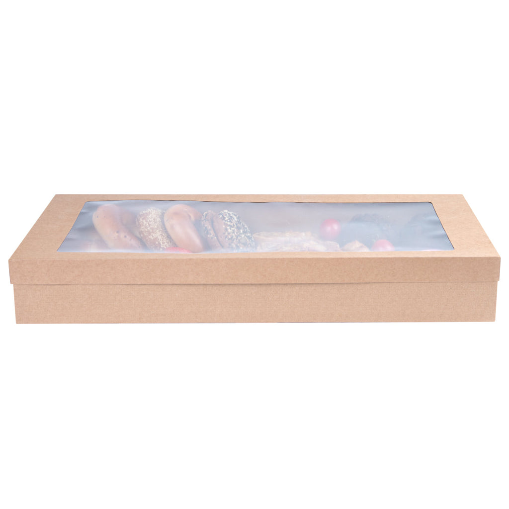 Cater Tek Rectangle Kraft Paper Catering Box - with Window Lid - 22 1/4" x 10" x 3 1/4" - 100 count box