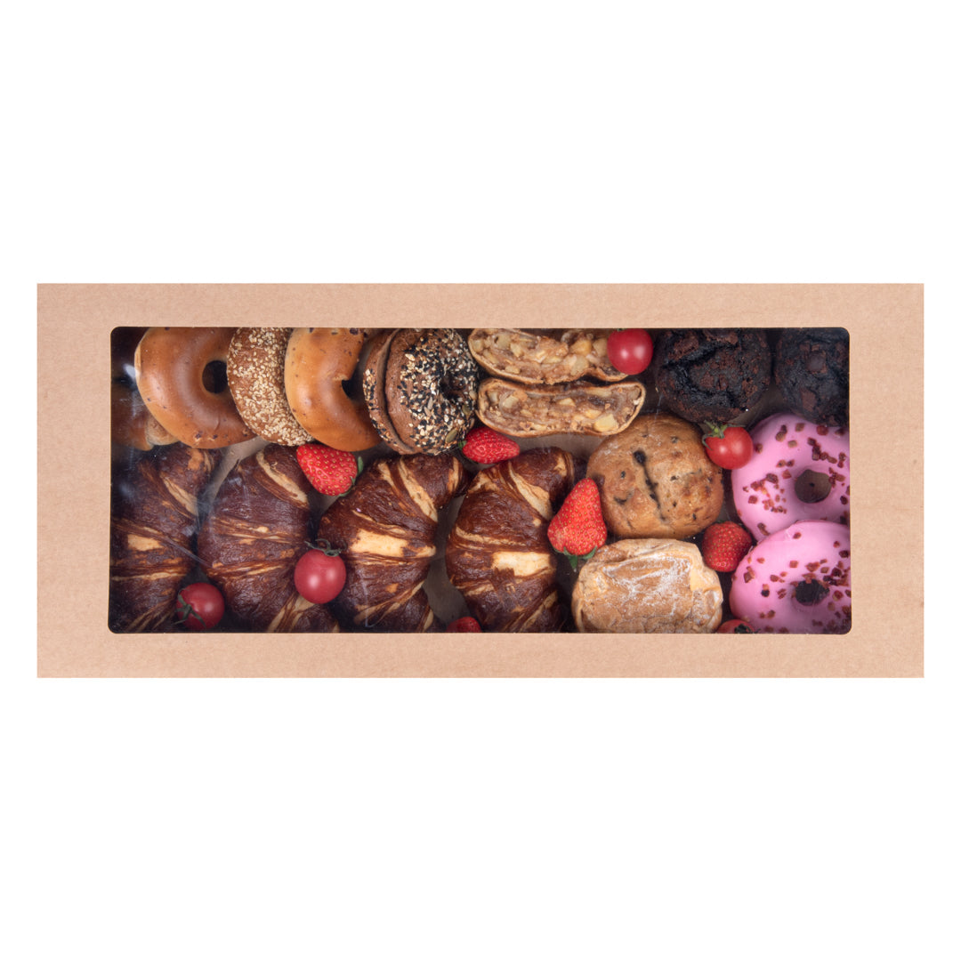 Cater Tek Rectangle Kraft Paper Catering Box - with Window Lid - 22 1/4" x 10" x 3 1/4" - 100 count box