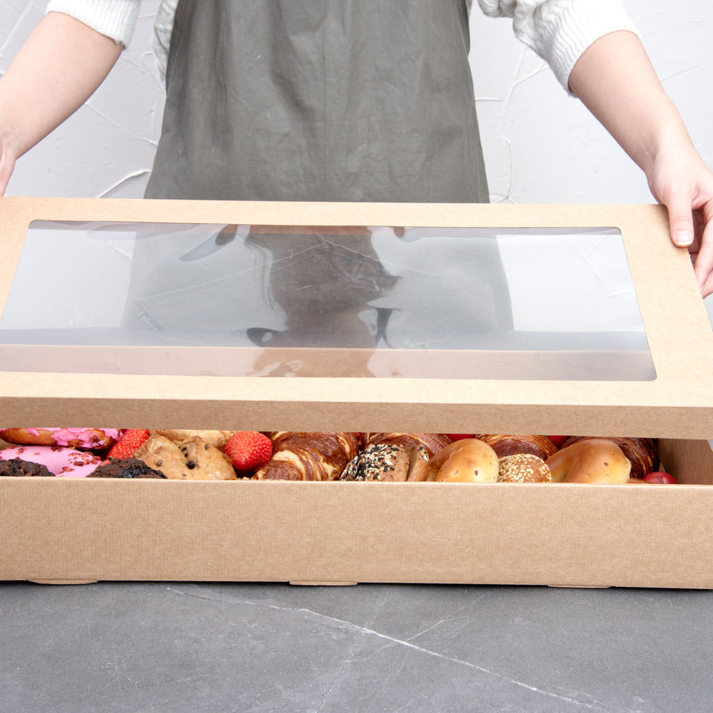 Cater Tek Rectangle Kraft Paper Catering Box - with Window Lid - 22 1/4" x 10" x 3 1/4" - 100 count box