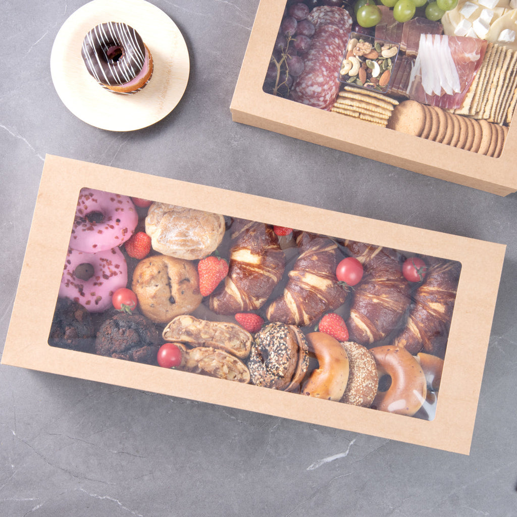 Cater Tek Rectangle Kraft Paper Catering Box - with Window Lid - 22 1/4" x 10" x 3 1/4" - 100 count box