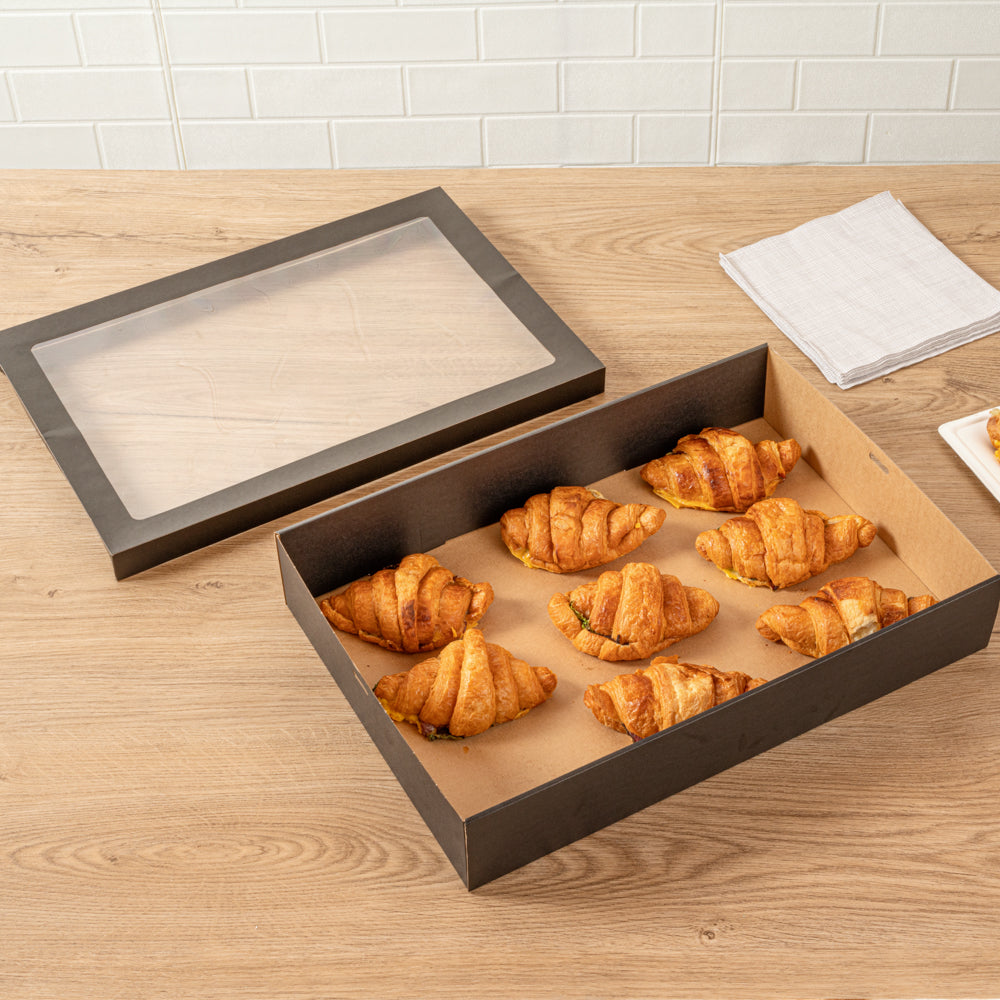 Cater Tek Rectangle Black Paper Catering Box - with Window Lid - 18" x 12 1/4" x 3 1/4" - 10 count box