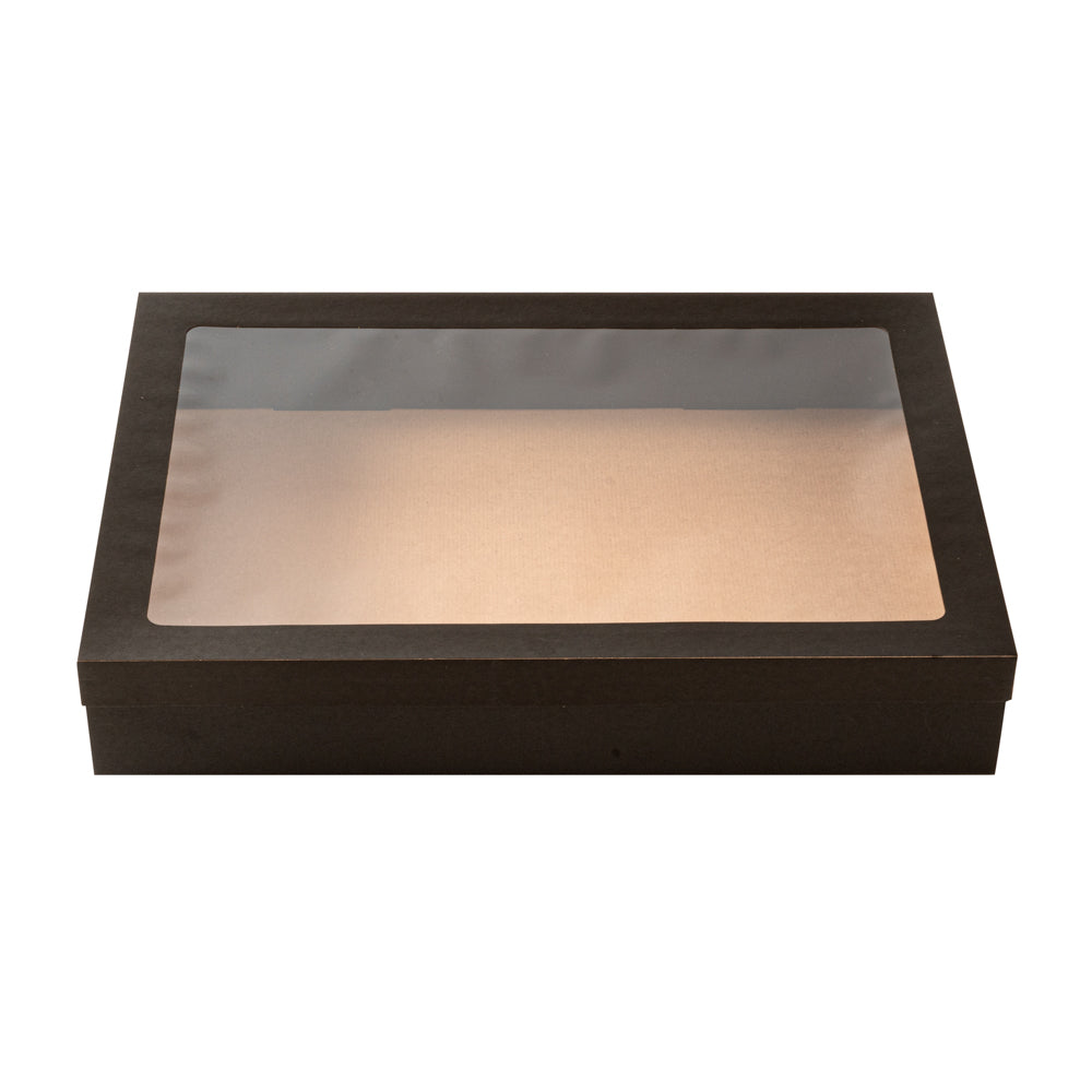 Cater Tek Rectangle Black Paper Catering Box - with Window Lid - 18" x 12 1/4" x 3 1/4" - 100 count box