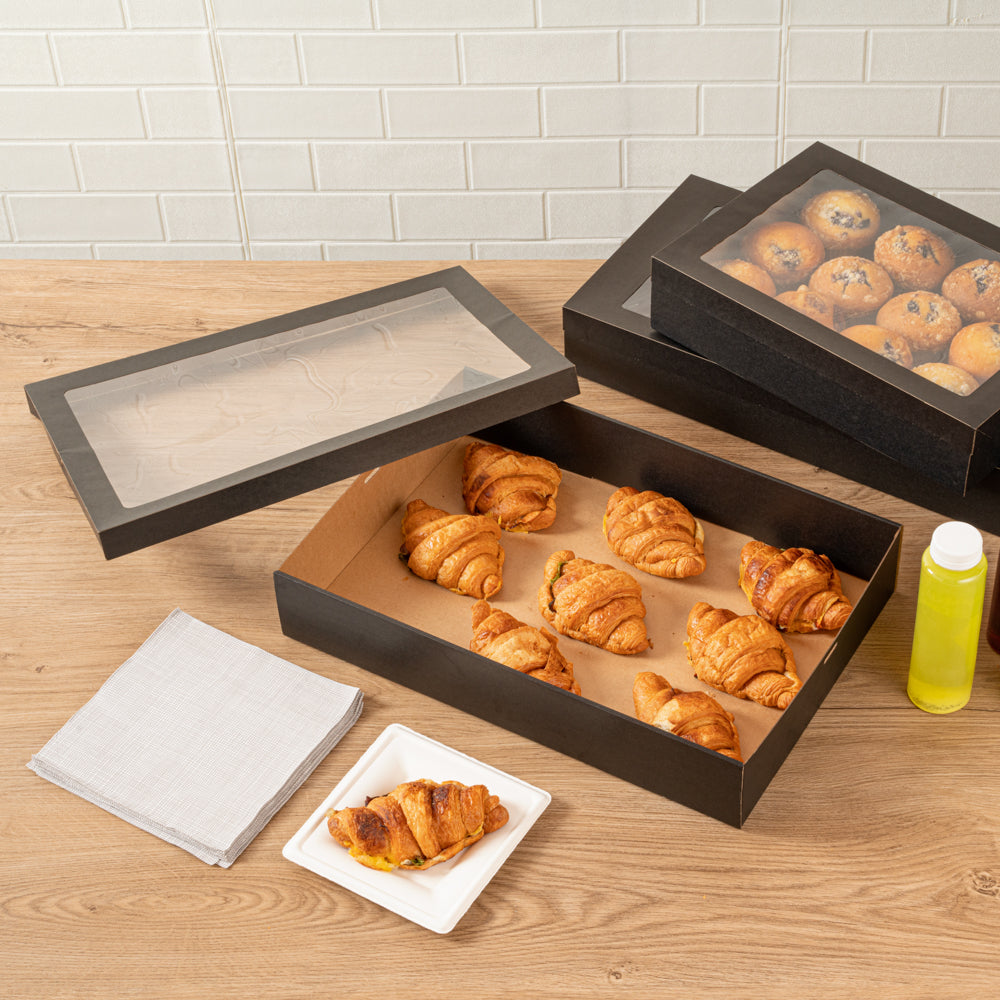 Cater Tek Rectangle Black Paper Catering Box - with Window Lid - 18" x 12 1/4" x 3 1/4" - 100 count box