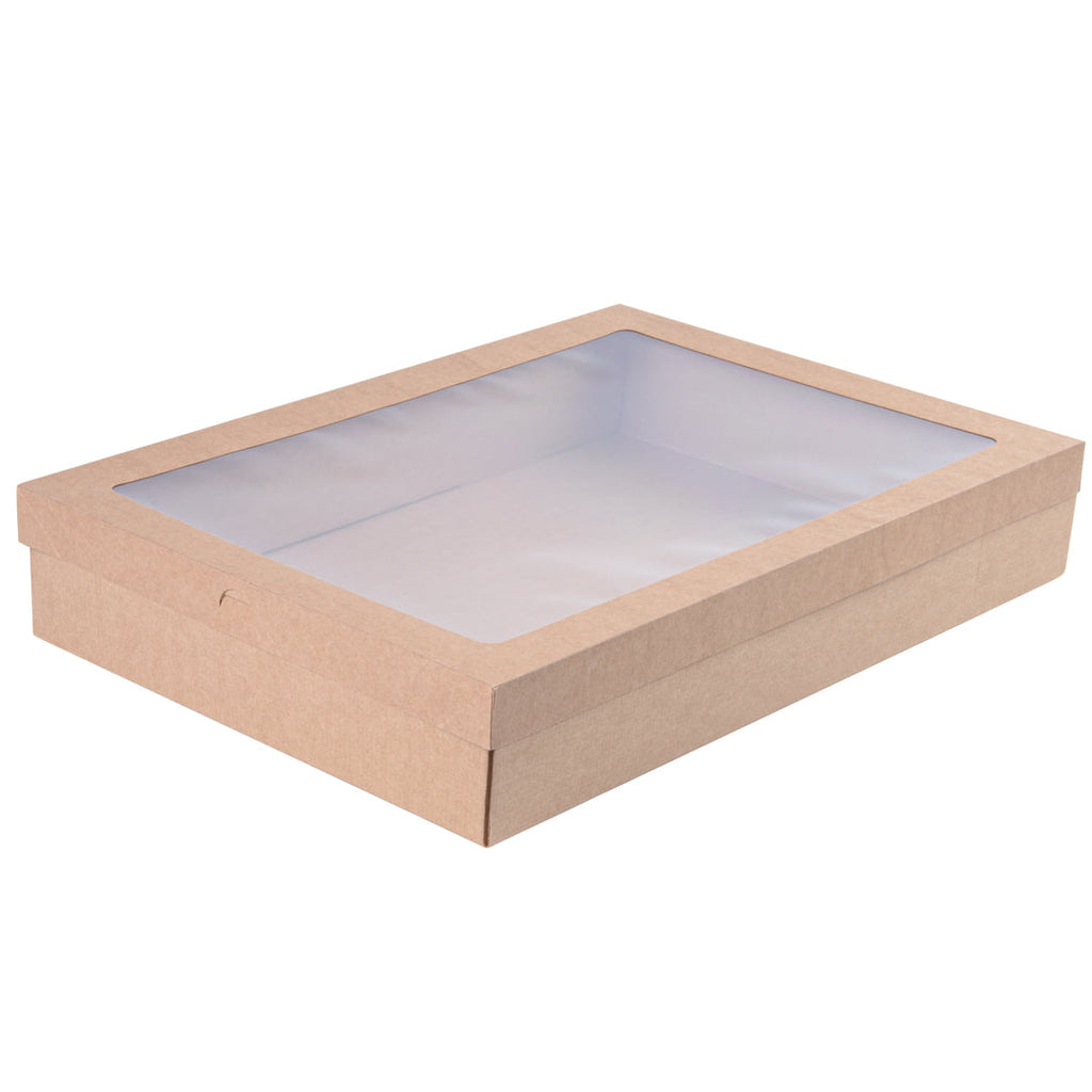 Cater Tek Rectangle Kraft Paper Catering Box - with Window Lid - 18" x 12 1/4" x 3 1/4" - 10 count box