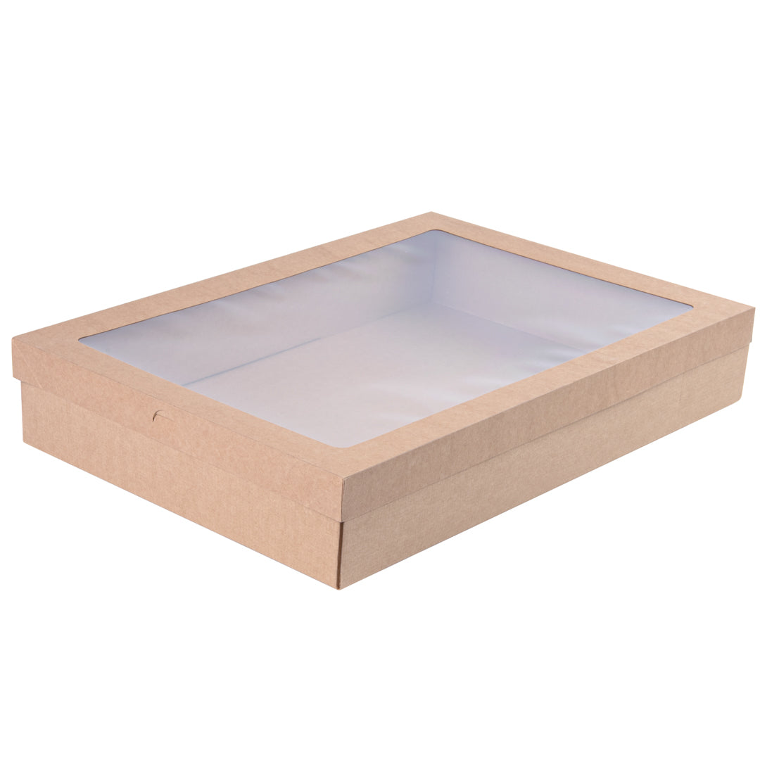 Cater Tek Rectangle Kraft Paper Catering Box - with Window Lid - 18" x 12 1/4" x 3 1/4" - 10 count box