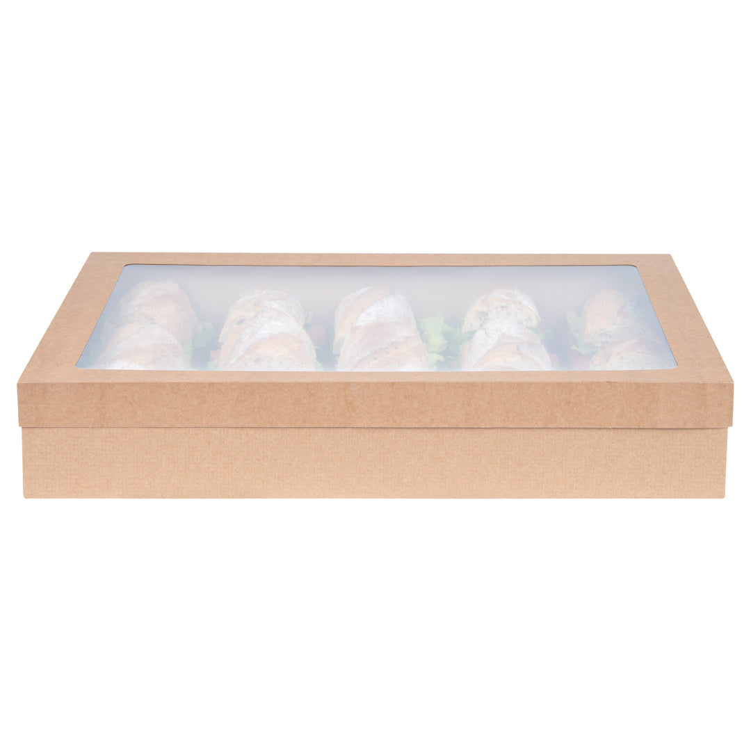 Cater Tek Rectangle Kraft Paper Catering Box - with Window Lid - 18" x 12 1/4" x 3 1/4" - 10 count box