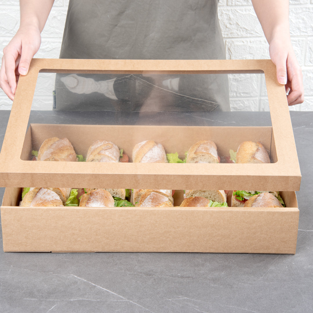 Cater Tek Rectangle Kraft Paper Catering Box - with Window Lid - 18" x 12 1/4" x 3 1/4" - 10 count box