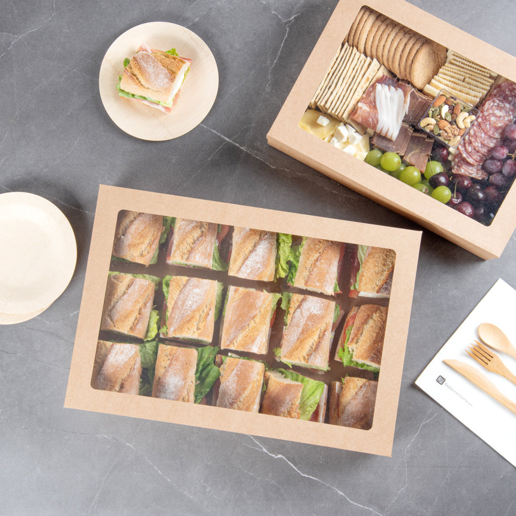 Cater Tek Rectangle Kraft Paper Catering Box - with Window Lid - 18" x 12 1/4" x 3 1/4" - 10 count box