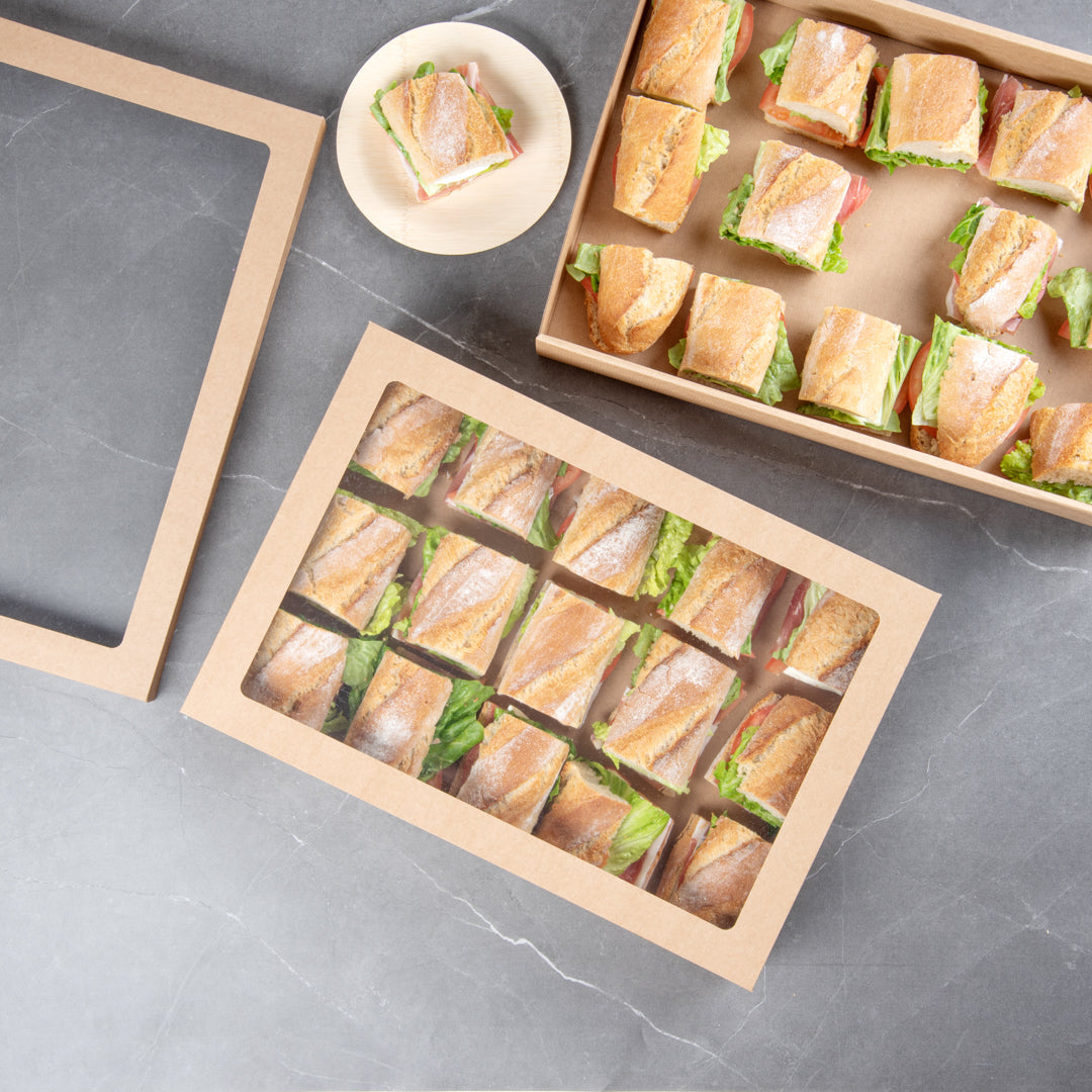 Cater Tek Rectangle Kraft Paper Catering Box - with Window Lid - 18" x 12 1/4" x 3 1/4" - 100 count box