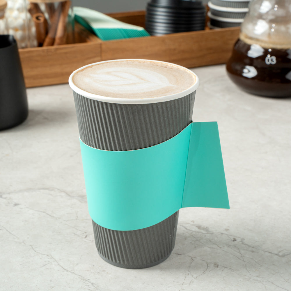 Restpresso Turquoise Paper Coffee Cup Sleeve - with Handle, Fits 12 / 16 / 20 oz Cups - 50 count box