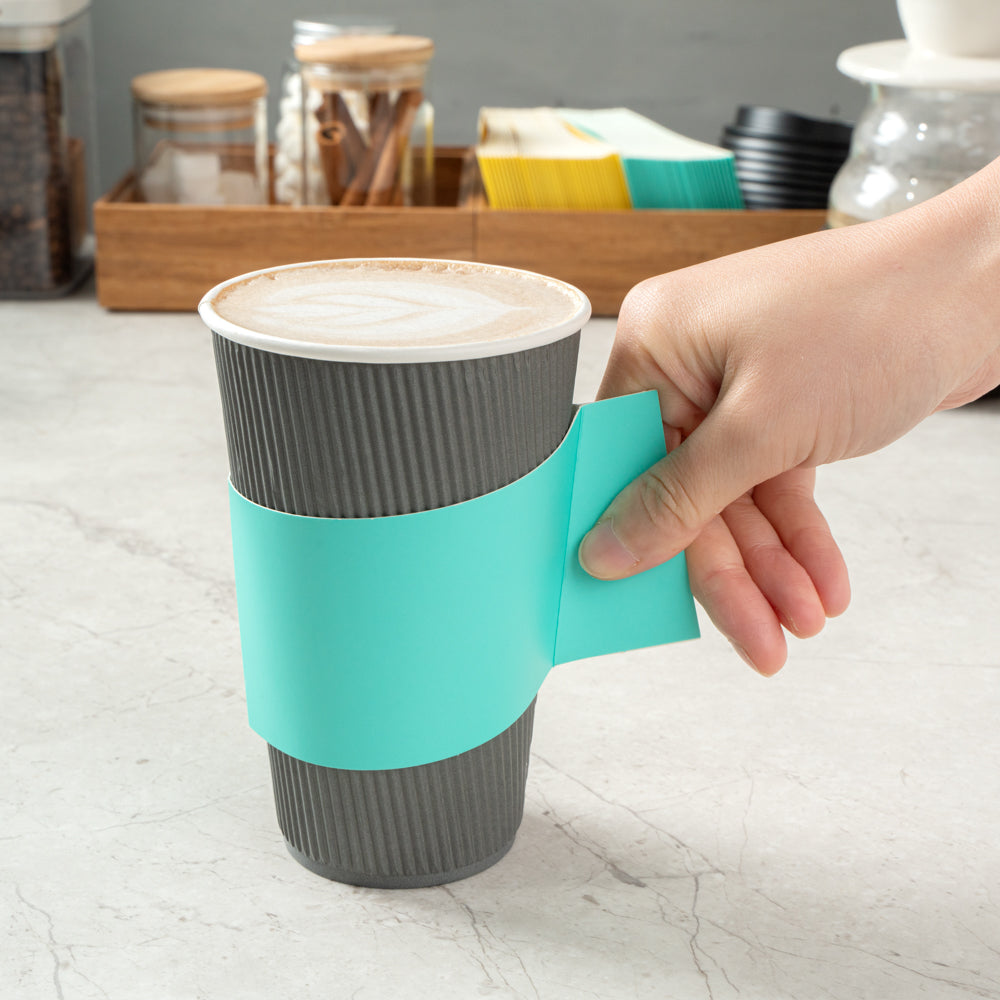 Restpresso Turquoise Paper Coffee Cup Sleeve - with Handle, Fits 12 / 16 / 20 oz Cups - 1000 count box