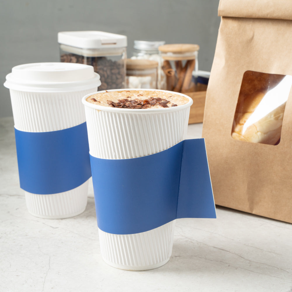 Restpresso Navy Blue Paper Coffee Cup Sleeve - with Handle, Fits 12 / 16 / 20 oz Cups - 1000 count box