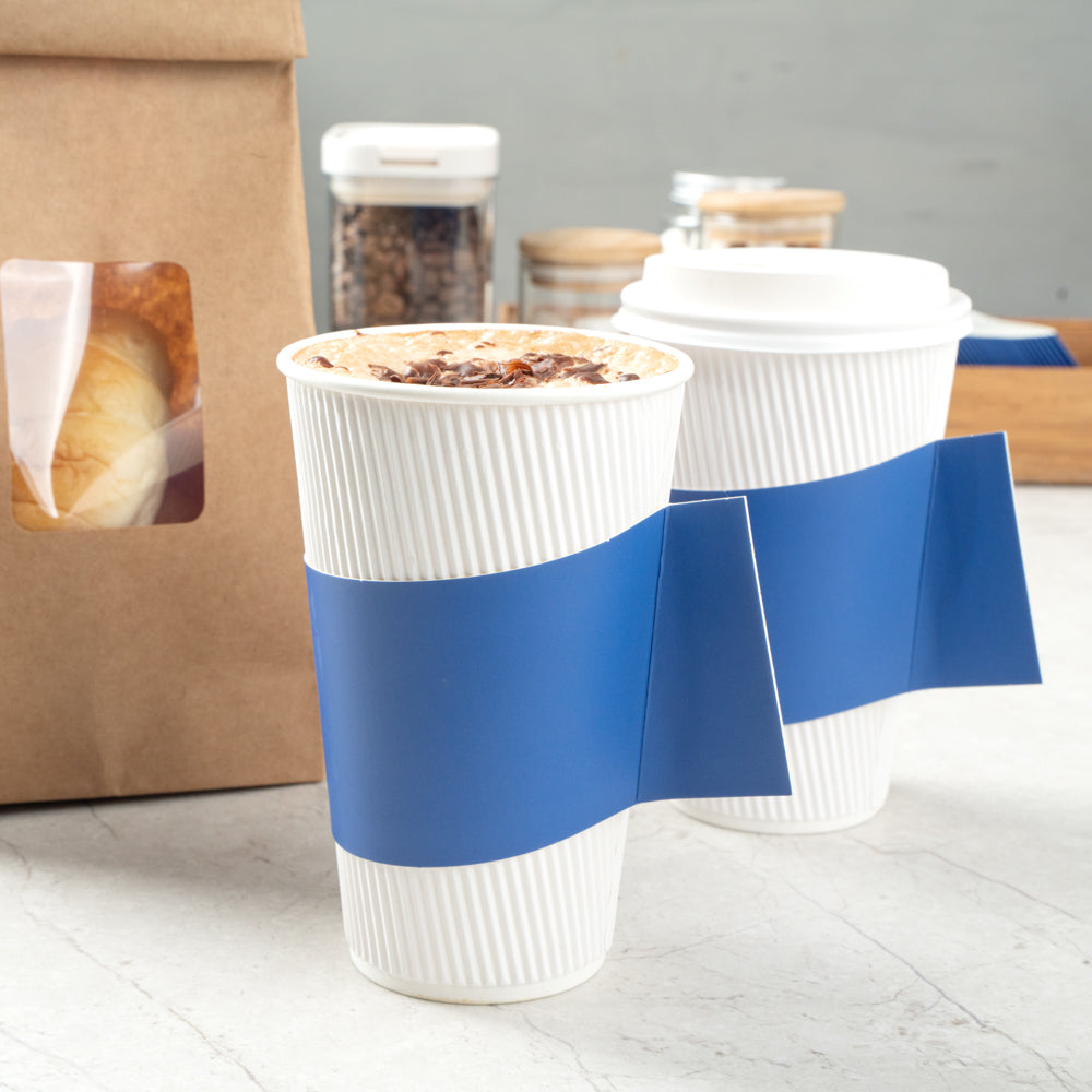 Restpresso Navy Blue Paper Coffee Cup Sleeve - with Handle, Fits 12 / 16 / 20 oz Cups - 50 count box