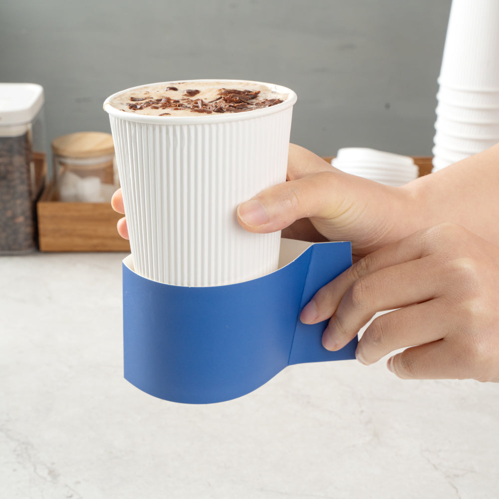Restpresso Navy Blue Paper Coffee Cup Sleeve - with Handle, Fits 12 / 16 / 20 oz Cups - 1000 count box
