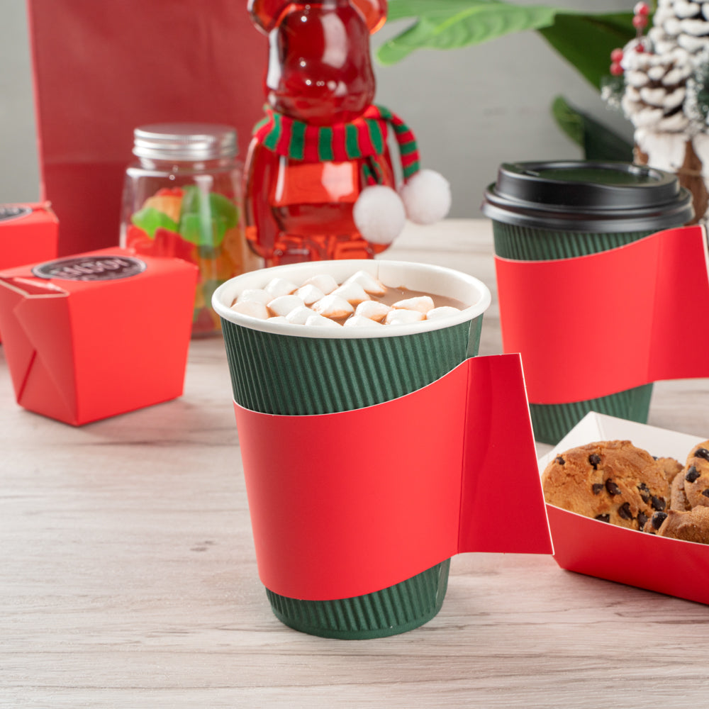 Restpresso Red Paper Coffee Cup Sleeve - with Handle, Fits 12 / 16 / 20 oz Cups - 50 count box