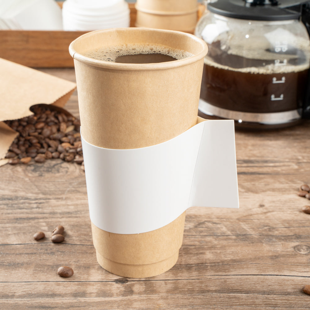 Restpresso White Paper Coffee Cup Sleeve - with Handle, Fits 12 / 16 / 20 oz Cups - 50 count box