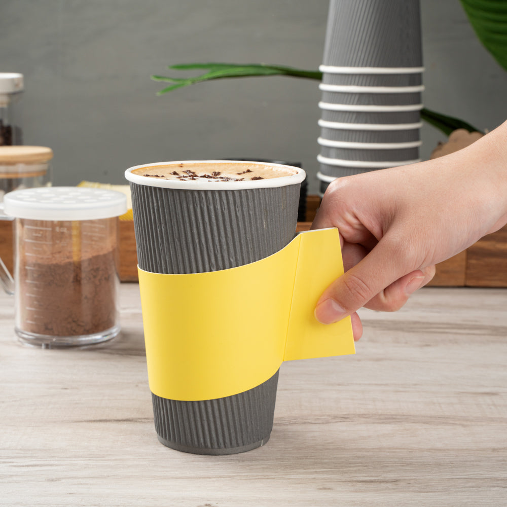 Restpresso Yellow Paper Coffee Cup Sleeve - with Handle, Fits 12 / 16 / 20 oz Cups - 50 count box