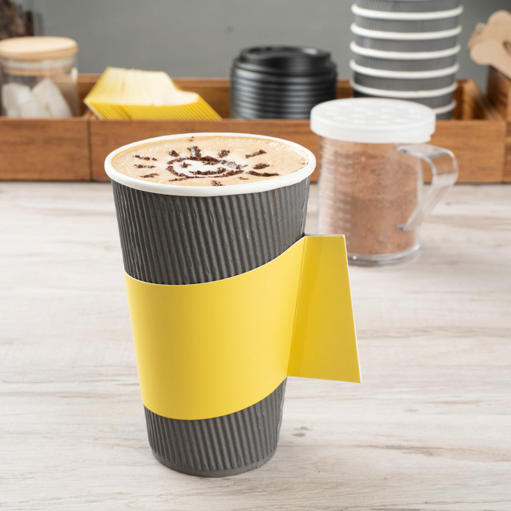 Restpresso Yellow Paper Coffee Cup Sleeve - with Handle, Fits 12 / 16 / 20 oz Cups - 50 count box