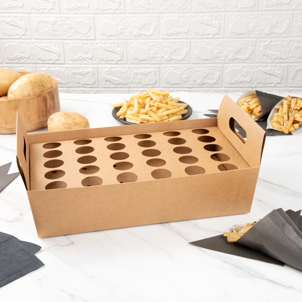 Cone Tek Kraft Paper Cone Holder - with Handles, 30 slots - 14 1/4" x 8 1/4" x 6" - 2 count box