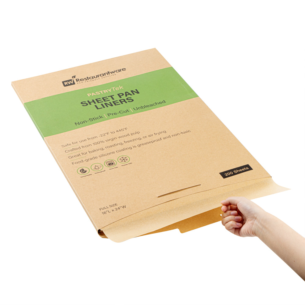 Pastry Tek Unbleached Parchment Paper Full Size Sheet Pan Liner - Silicone Coated, Compostable - 16" x 24" - 1000 count box