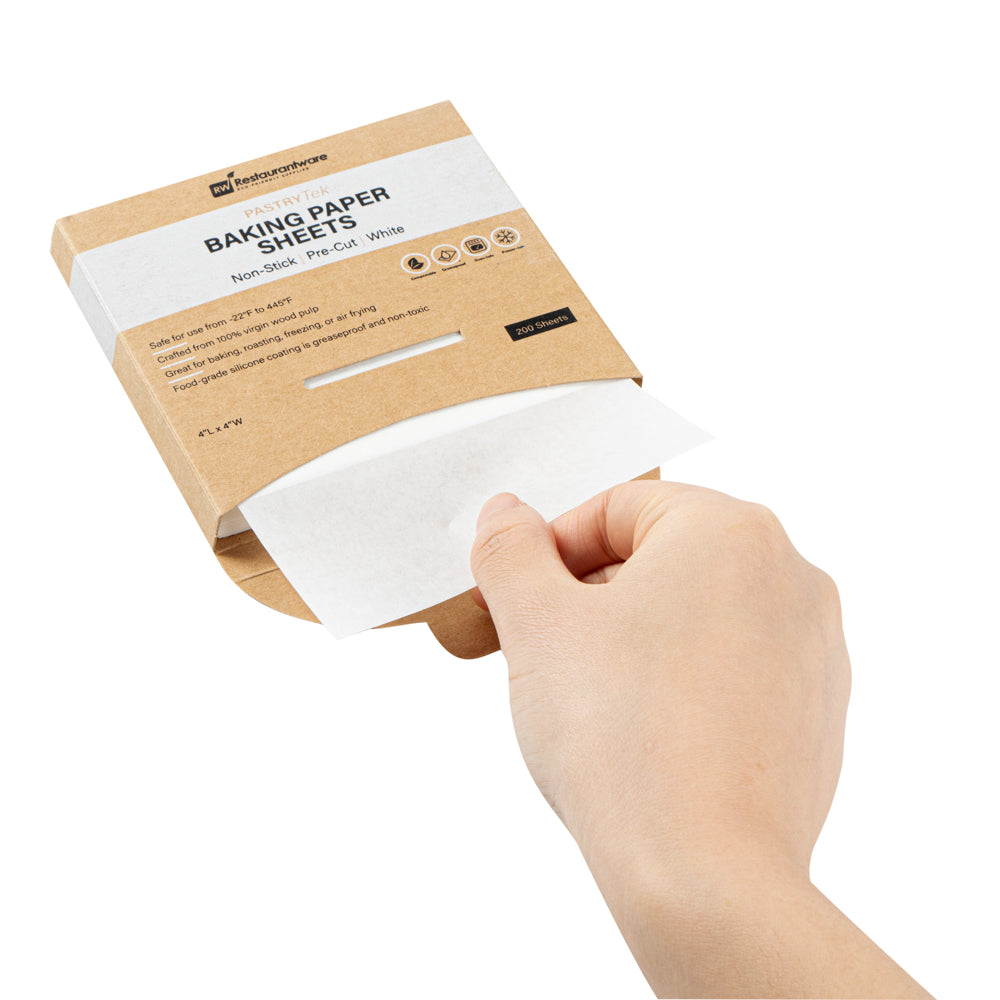 Pastry Tek White Parchment Paper Baking Sheet - Precut, Silicone Coated - 4" x 4" - 200 count box