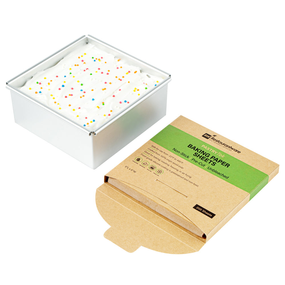 Pastry Tek Unbleached Parchment Paper Baking Sheet - Precut, Silicone Coated, Compostable - 5" x 5" - 200 count box