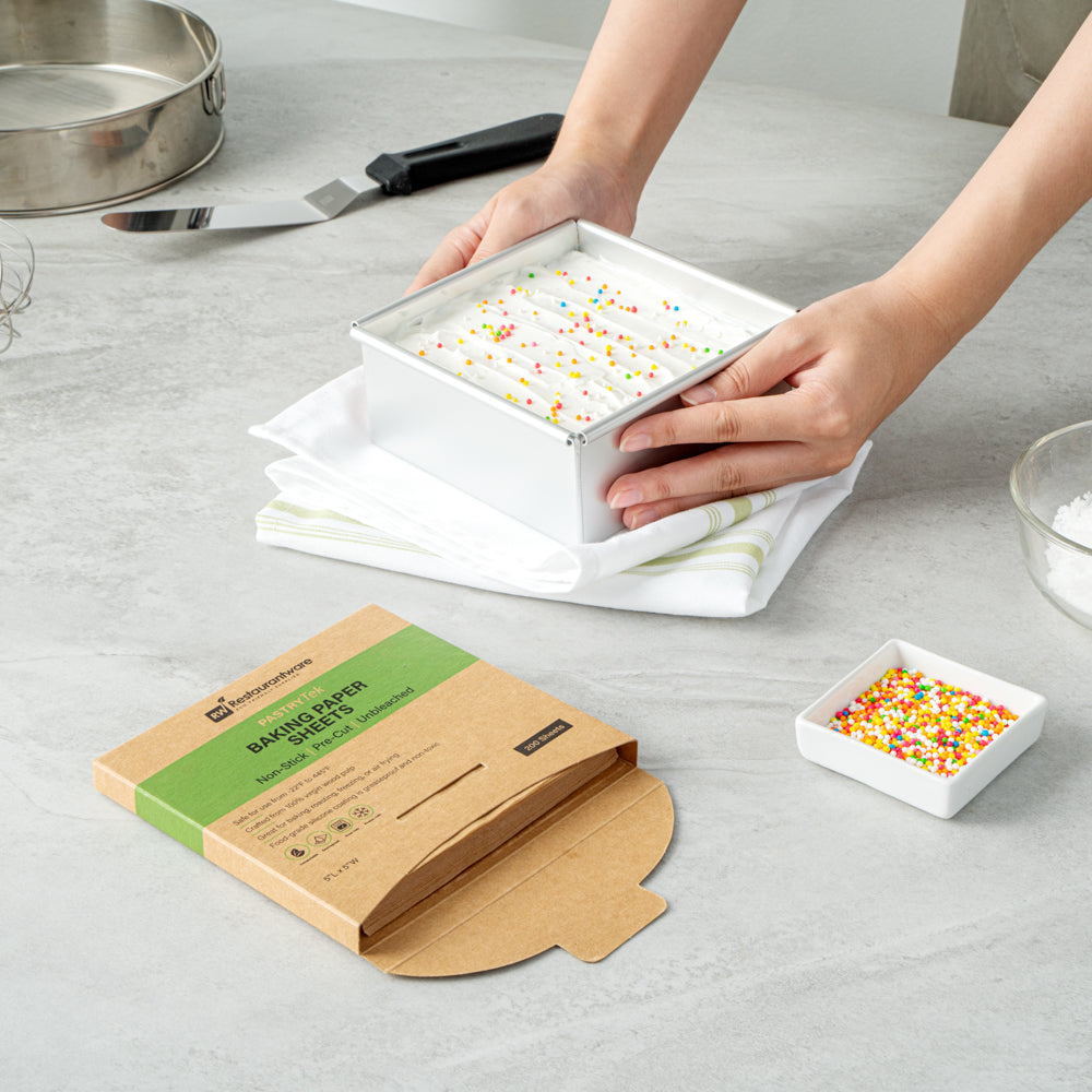 Pastry Tek Unbleached Parchment Paper Baking Sheet - Precut, Silicone Coated, Compostable - 5" x 5" - 200 count box
