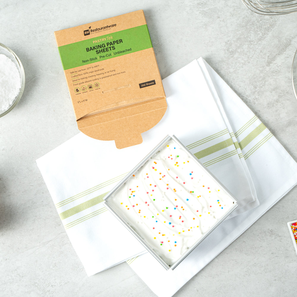 Pastry Tek Unbleached Parchment Paper Baking Sheet - Precut, Silicone Coated, Compostable - 5" x 5" - 200 count box