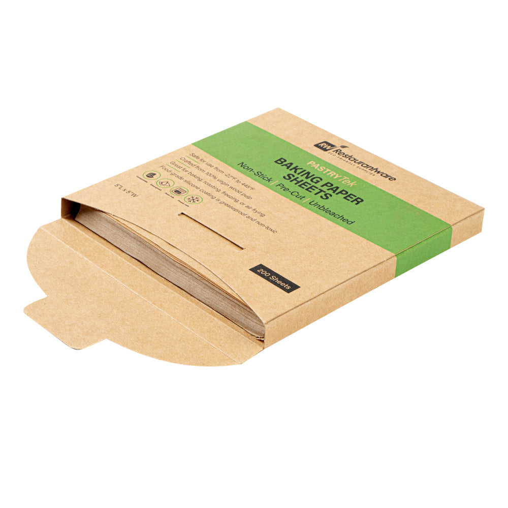 Pastry Tek Unbleached Parchment Paper Baking Sheet - Precut, Silicone Coated, Compostable - 5" x 5" - 1000 count box