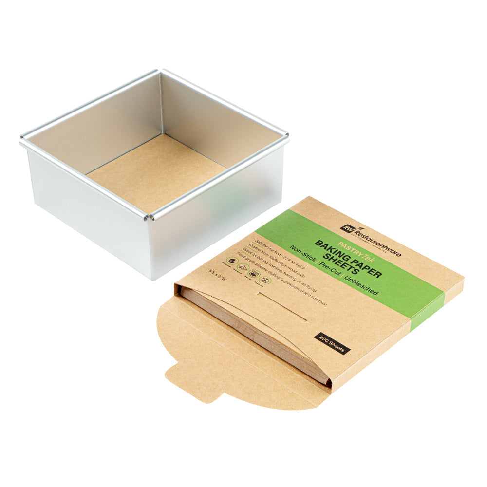 Pastry Tek Unbleached Parchment Paper Baking Sheet - Precut, Silicone Coated, Compostable - 5" x 5" - 1000 count box