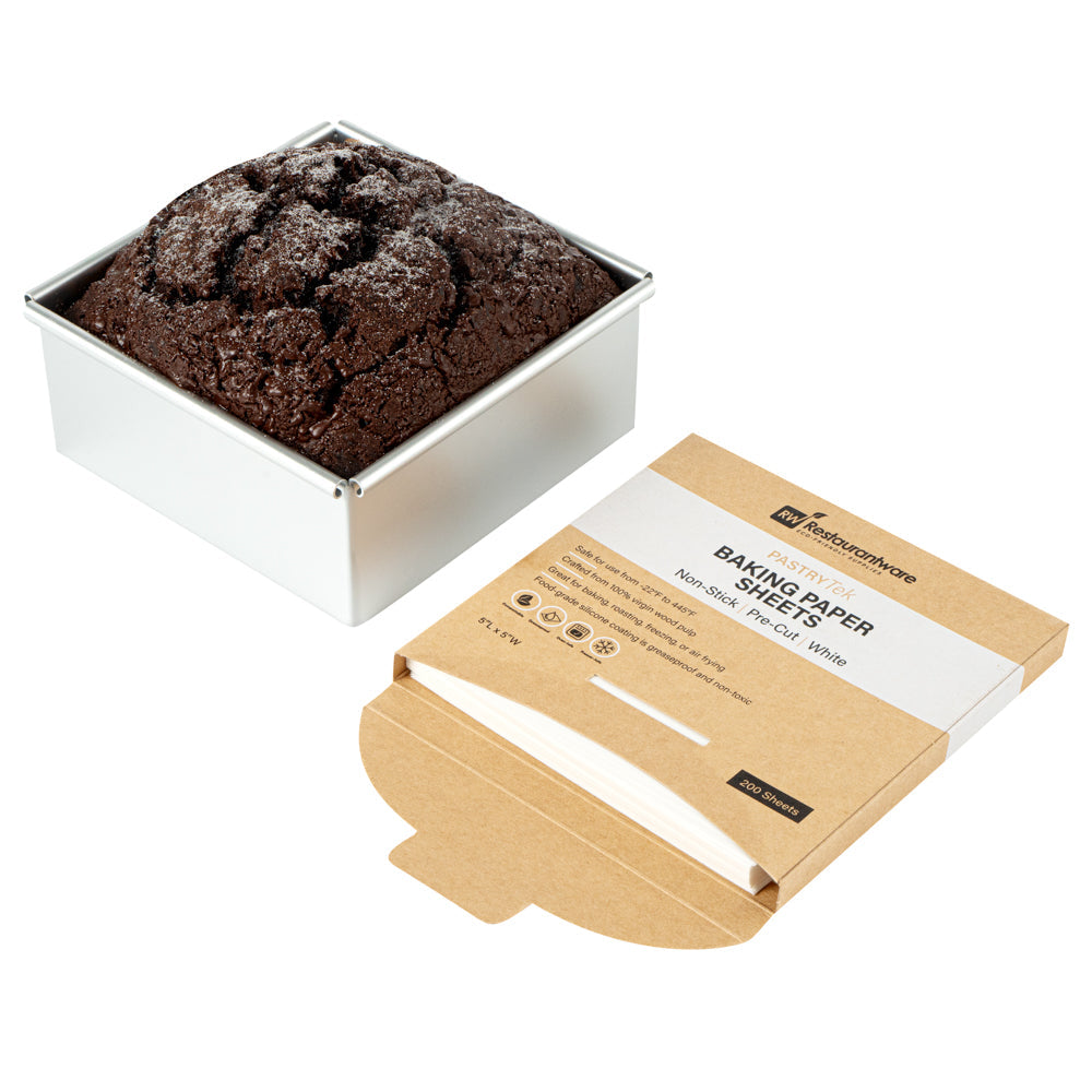 Pastry Tek White Parchment Paper Baking Sheet - Precut, Silicone Coated, Compostable - 5" x 5" - 200 count box