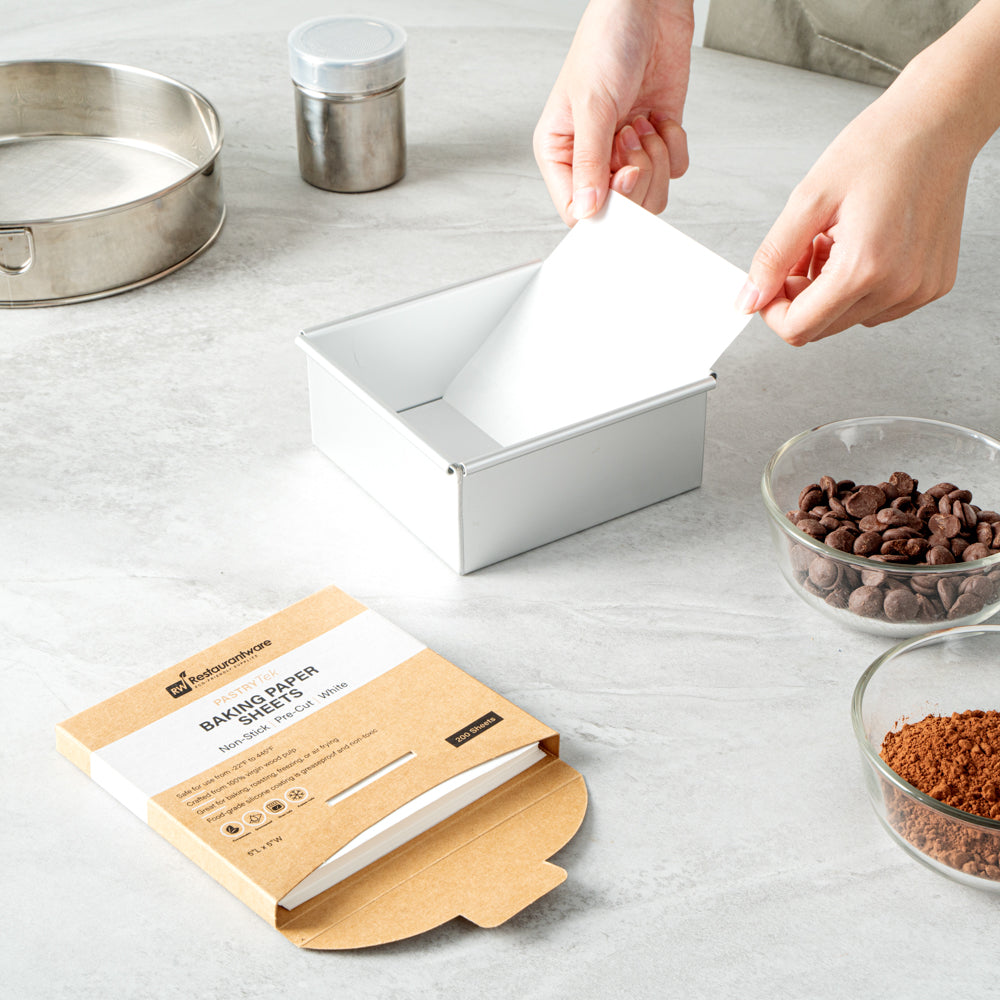 Pastry Tek White Parchment Paper Baking Sheet - Precut, Silicone Coated, Compostable - 5" x 5" - 200 count box