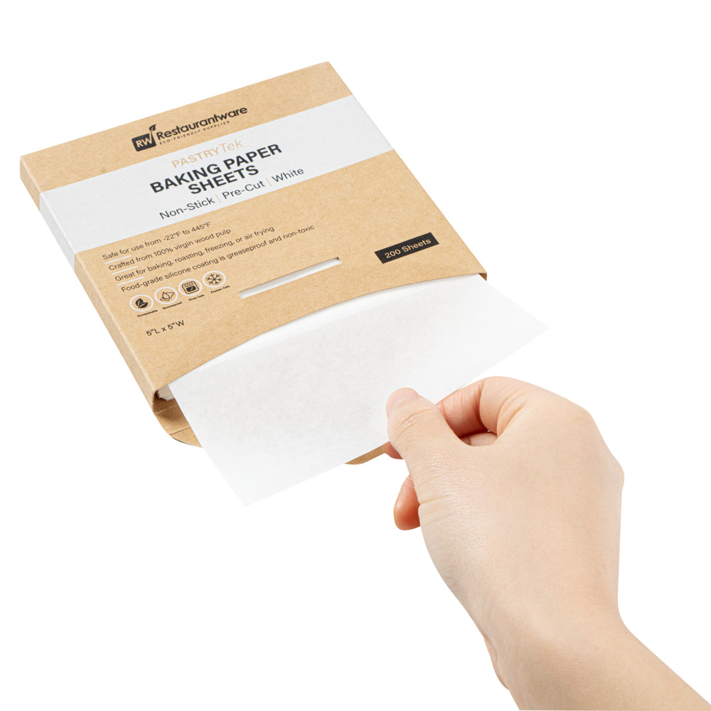 Pastry Tek White Parchment Paper Baking Sheet - Precut, Silicone Coated, Compostable - 5" x 5" - 1000 count box
