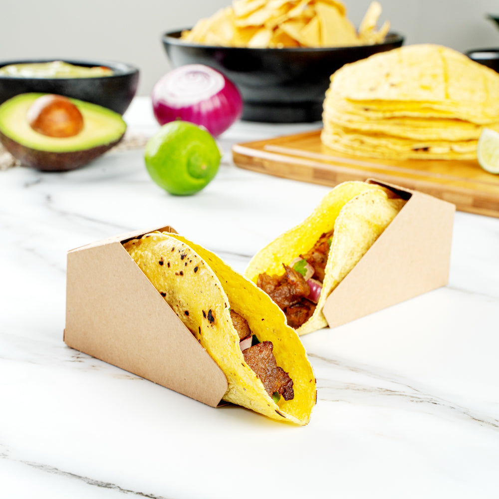 Bio Tek Kraft Paper Small Taco Holder - Greaseproof - 4" x 1 1/4" x 2 1/4" - 200 count box
