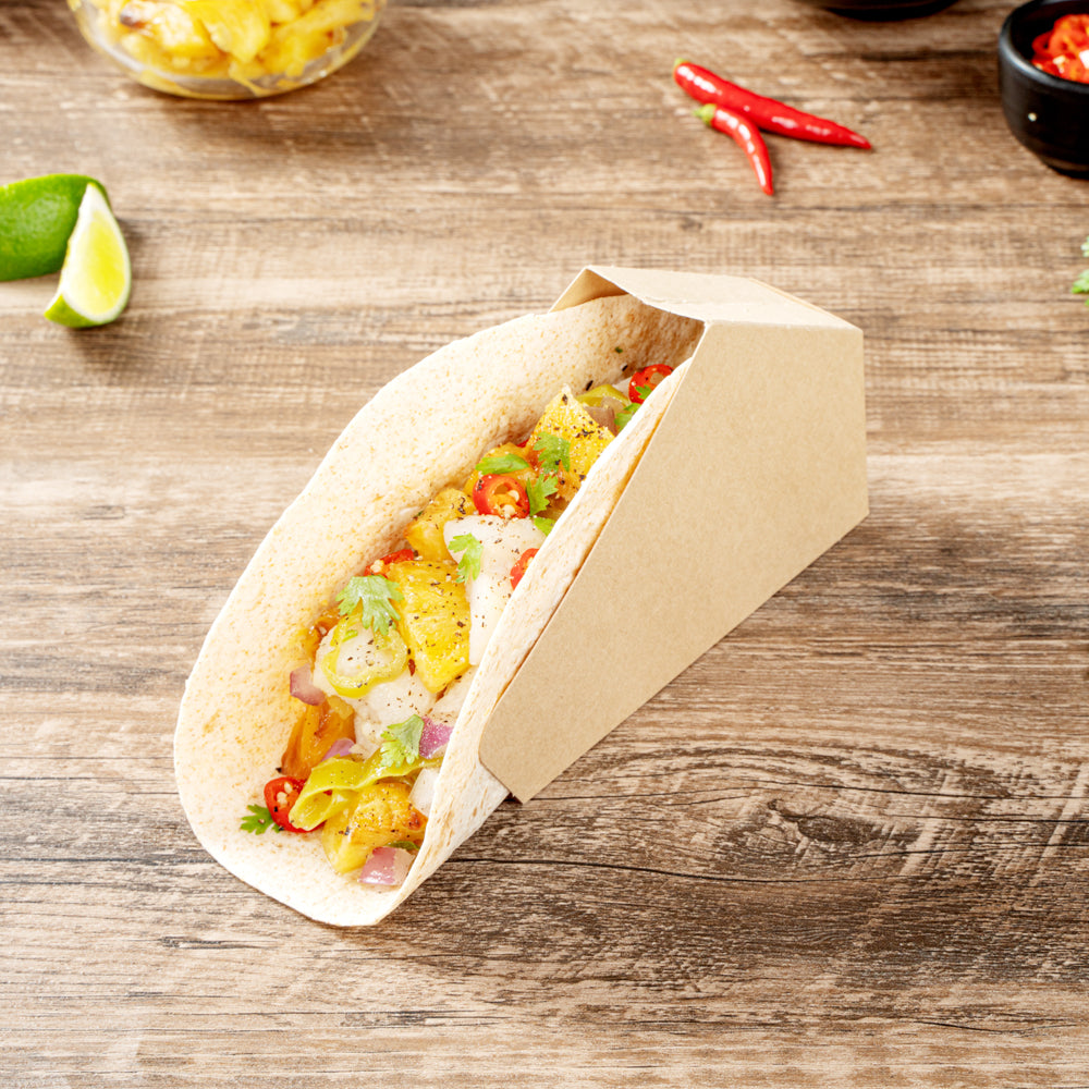 Bio Tek Kraft Paper Large Taco Holder - Greaseproof - 6 1/4" x 2" x 3 3/4" - 200 count box