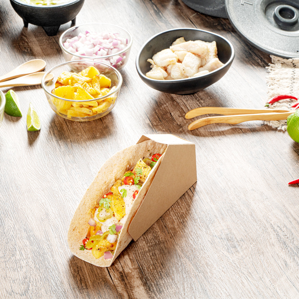 Bio Tek Kraft Paper Large Taco Holder - Greaseproof - 6 1/4" x 2" x 3 3/4" - 200 count box