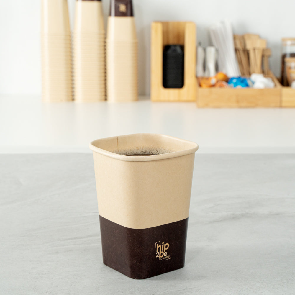 Hip 2 Be Square 12 oz Kraft and Brown Paper Hot / Cold Drinking Cup - Single Wall - 3 1/4" x 3 1/4" x 4 1/4" - 25 count box