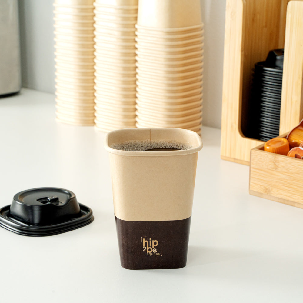 Hip 2 Be Square 12 oz Kraft and Brown Paper Hot / Cold Drinking Cup - Single Wall - 3 1/4" x 3 1/4" x 4 1/4" - 25 count box