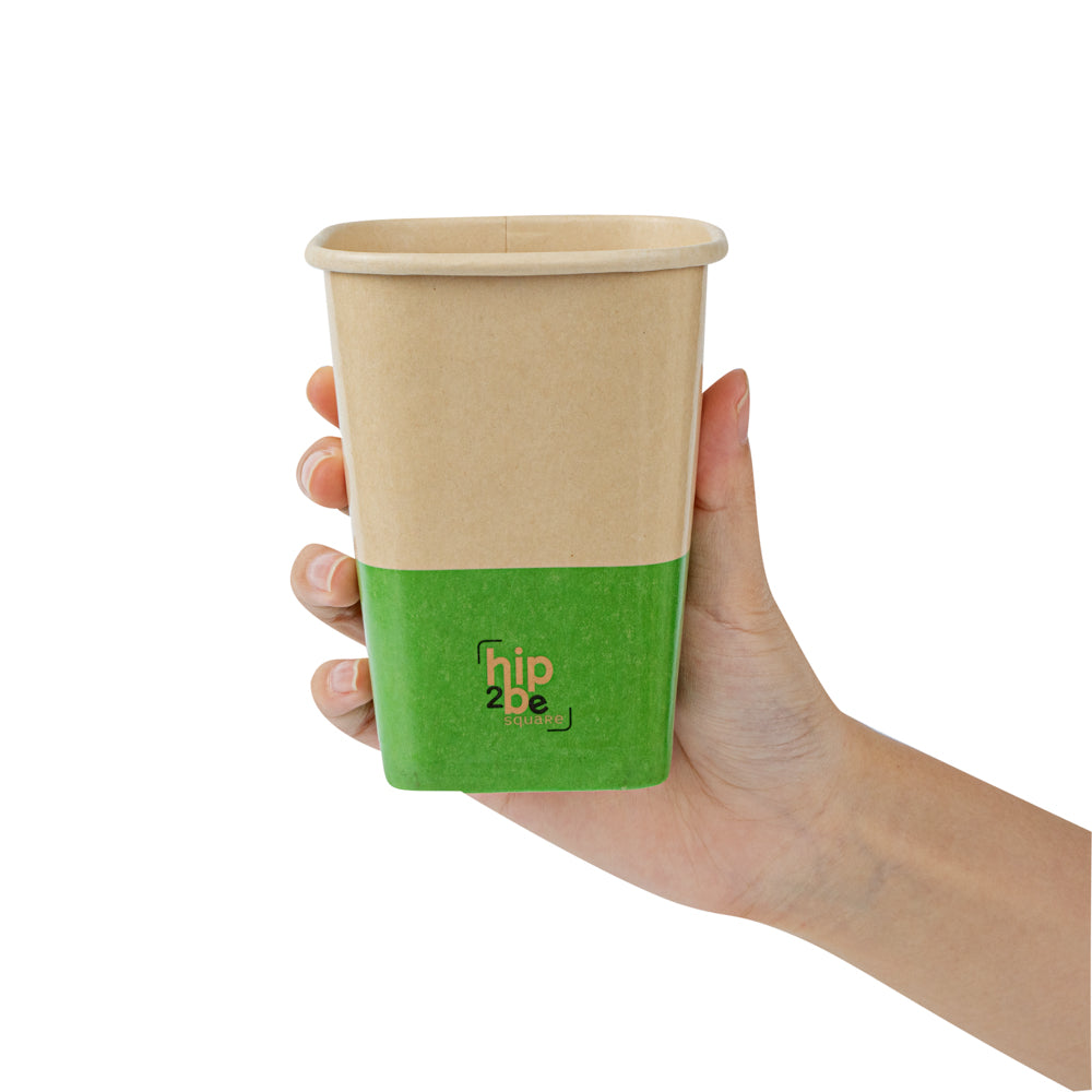 Hip 2 Be Square 12 oz Kraft and Green Paper Hot / Cold Drinking Cup - Single Wall - 3 1/4" x 3 1/4" x 4 1/4" - 25 count box
