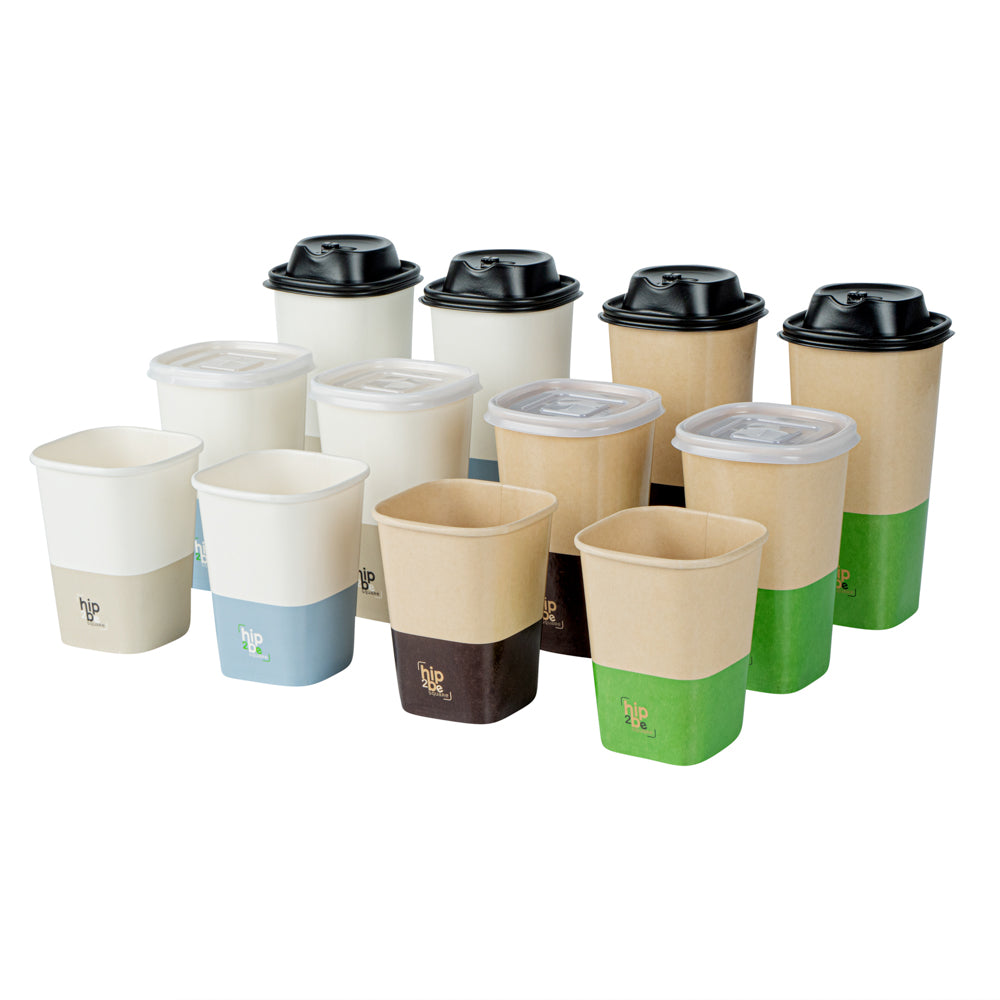 Hip 2 Be Square 12 oz Kraft and Green Paper Hot / Cold Drinking Cup - Single Wall - 3 1/4" x 3 1/4" x 4 1/4" - 25 count box