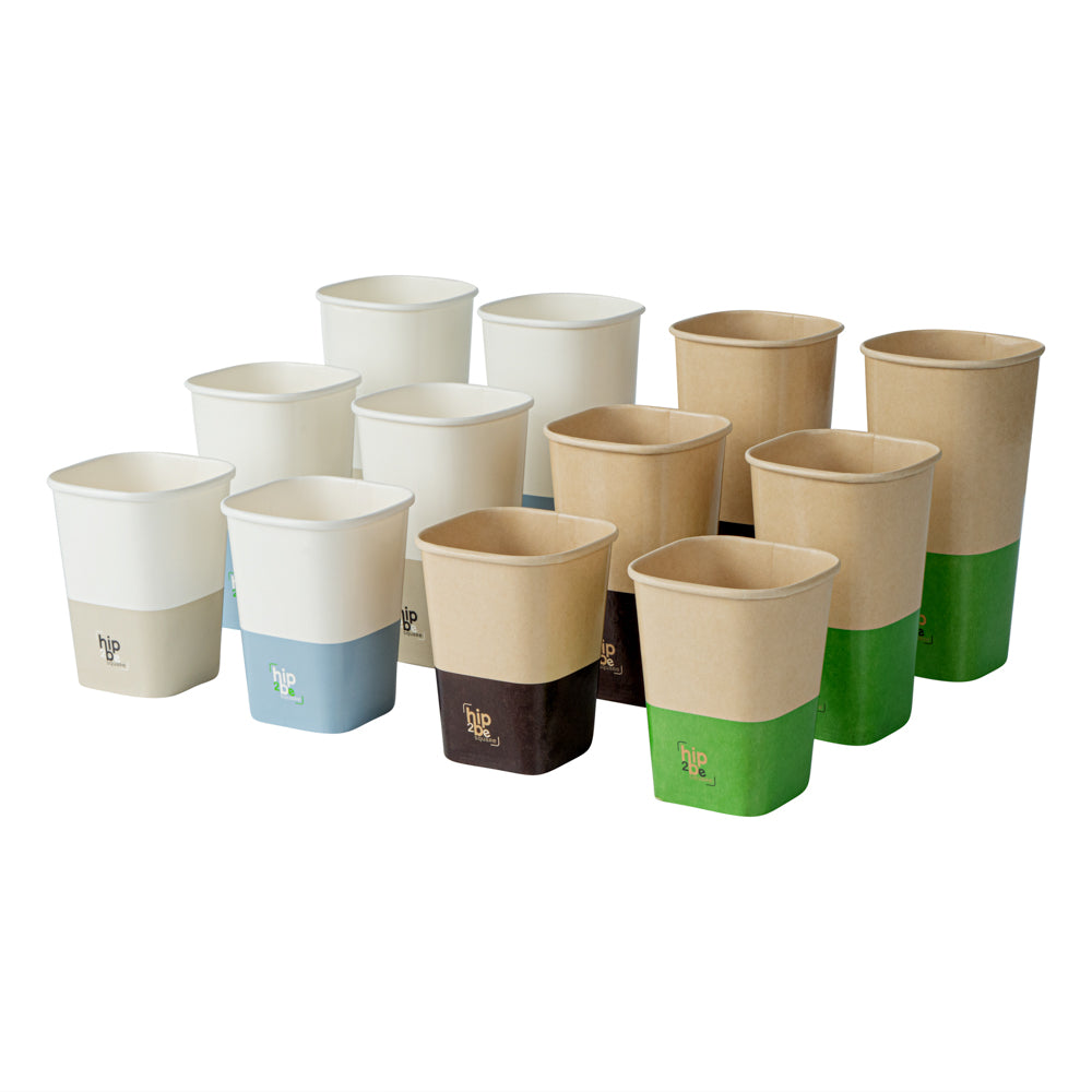 Hip 2 Be Square 12 oz Kraft and Green Paper Hot / Cold Drinking Cup - Single Wall - 3 1/4" x 3 1/4" x 4 1/4" - 25 count box