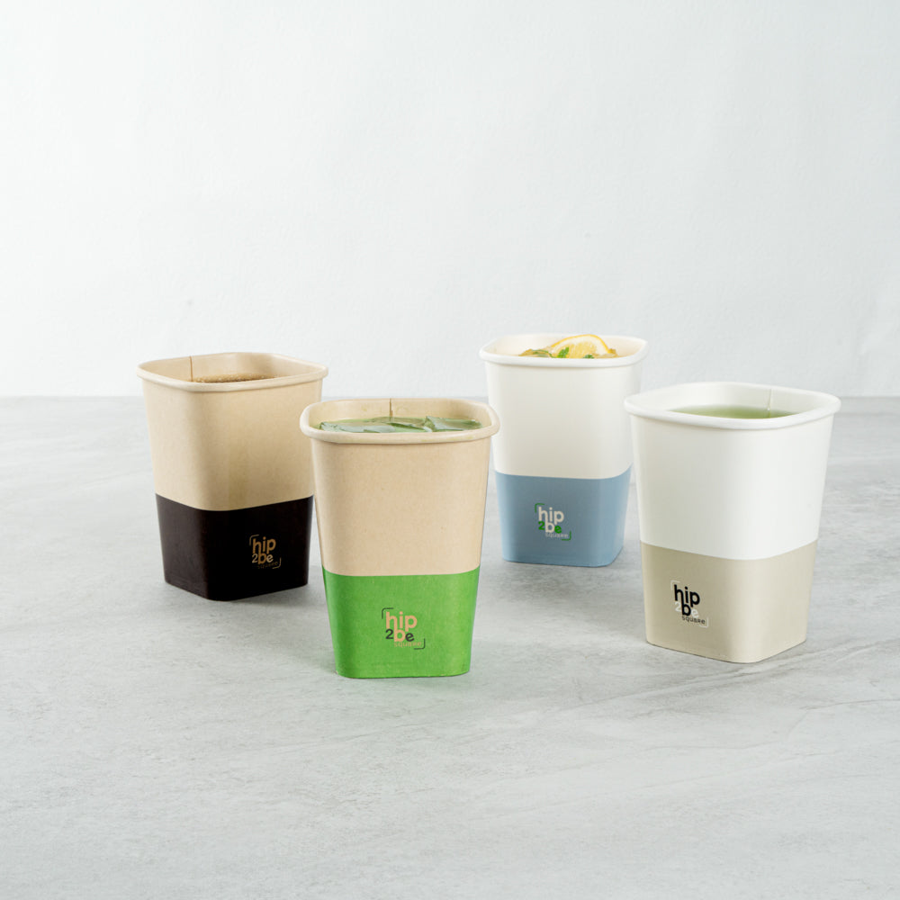 Hip 2 Be Square 12 oz Kraft and Green Paper Hot / Cold Drinking Cup - Single Wall - 3 1/4" x 3 1/4" x 4 1/4" - 25 count box