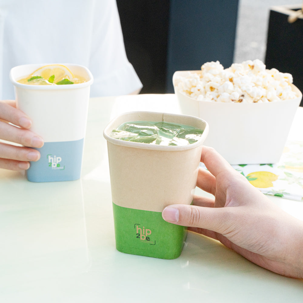 Hip 2 Be Square 12 oz Kraft and Green Paper Hot / Cold Drinking Cup - Single Wall - 3 1/4" x 3 1/4" x 4 1/4" - 25 count box