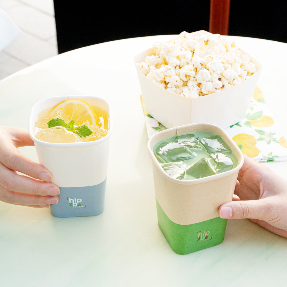 Hip 2 Be Square 12 oz Kraft and Green Paper Hot / Cold Drinking Cup - Single Wall - 3 1/4" x 3 1/4" x 4 1/4" - 25 count box