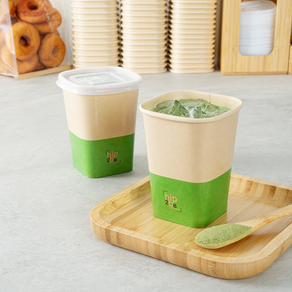 Hip 2 Be Square 12 oz Kraft and Green Paper Hot / Cold Drinking Cup - Single Wall - 3 1/4" x 3 1/4" x 4 1/4" - 25 count box