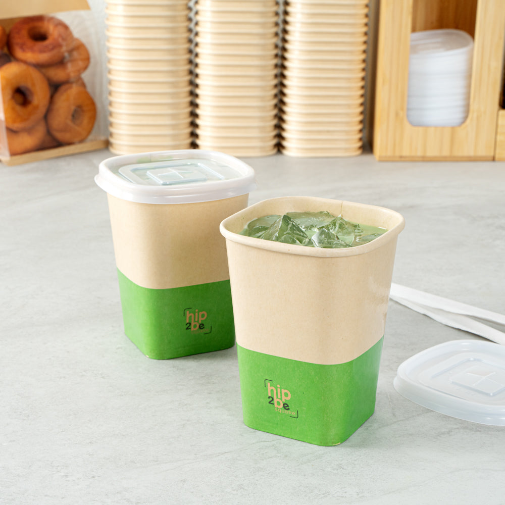 Hip 2 Be Square 12 oz Kraft and Green Paper Hot / Cold Drinking Cup - Single Wall - 3 1/4" x 3 1/4" x 4 1/4" - 25 count box