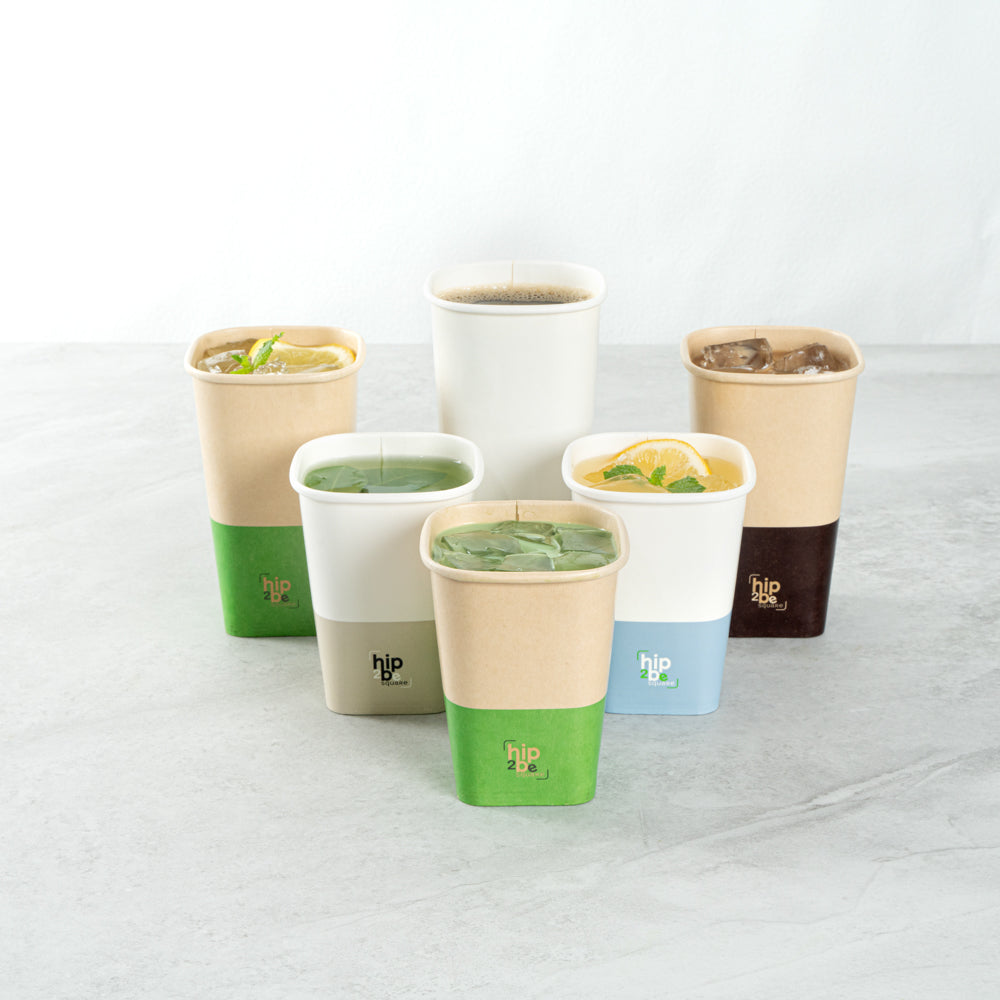 Hip 2 Be Square 12 oz Kraft and Green Paper Hot / Cold Drinking Cup - Single Wall - 3 1/4" x 3 1/4" x 4 1/4" - 25 count box