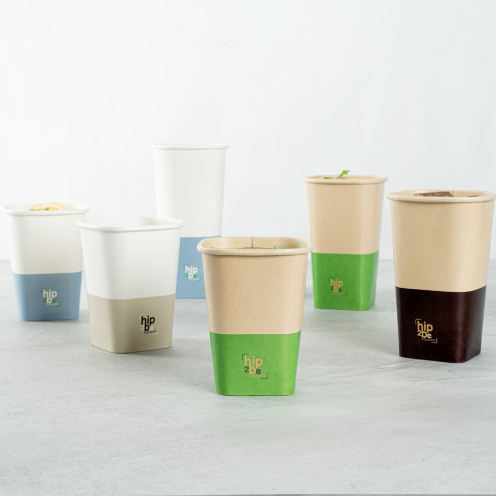 Hip 2 Be Square 12 oz Kraft and Green Paper Hot / Cold Drinking Cup - Single Wall - 3 1/4" x 3 1/4" x 4 1/4" - 25 count box